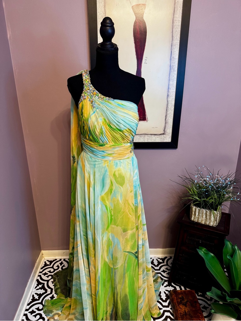 Mac Duggal One-Shoulder Green, Blue and Yellow Floral Evening Gown